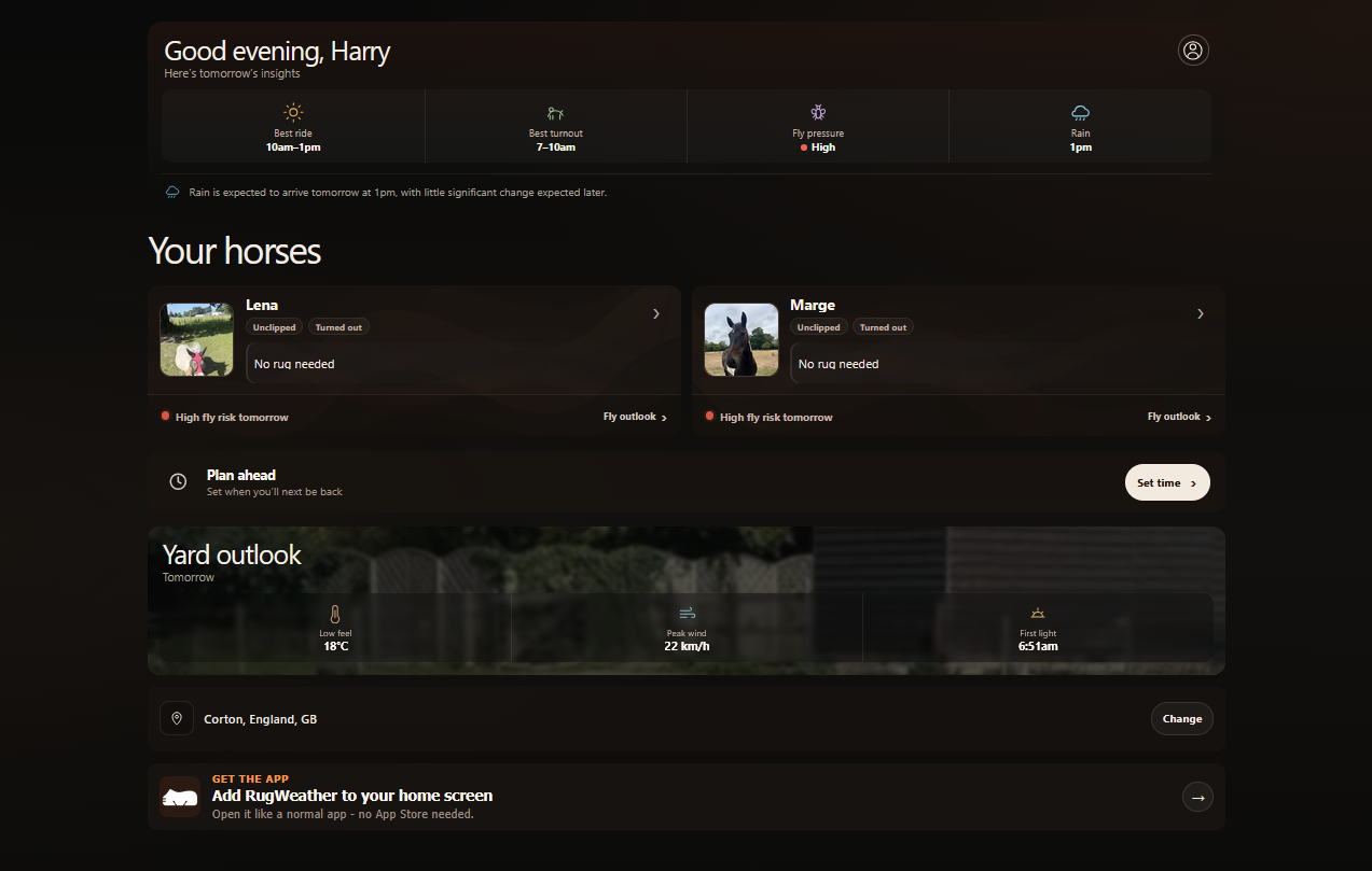 RugWeather dashboard showing personalised horse rug recommendations