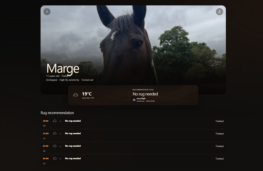 RugWeather landscape recommendation showing Marge's profile and 12-hour rug timeline